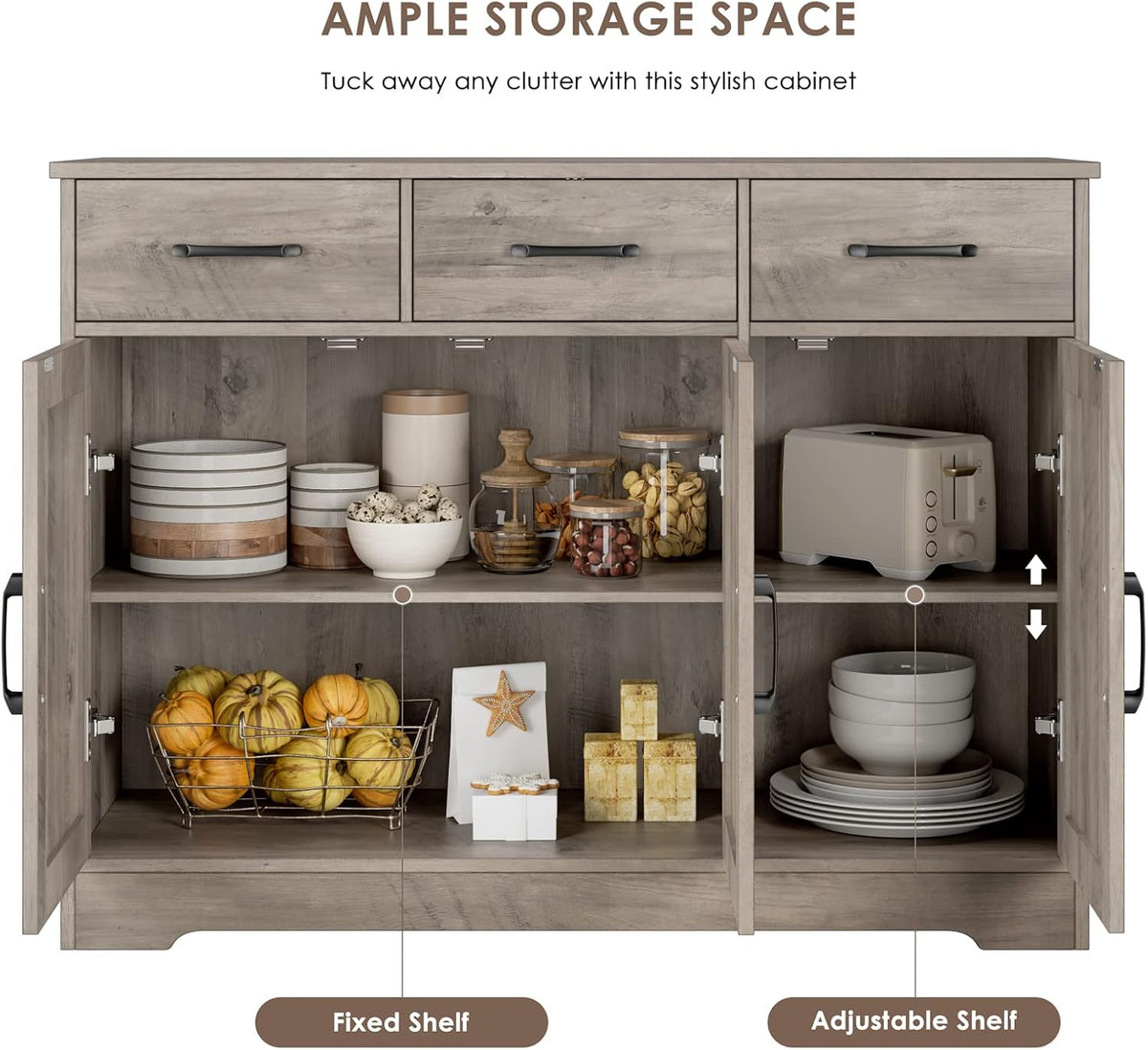 HOSTACK Kitchen Buffet Cabinet with Storage, Sideboard Coffee Bar, Grey | Farmhouse Kitchen Storage Cabinet with 3 Drawers & Adjustable Shelf, 42.5"W Buffet Table for Dining Living Room, White