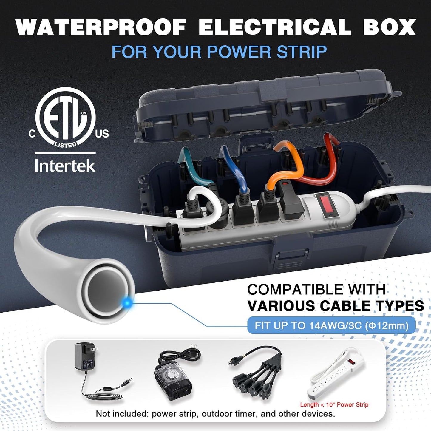 Flemoon Medium Outdoor Electrical Box, IP54 Waterproof Extension Cord Cover | Inner Size 9.4 x 4.3 x 3.2 Inch, 6 Cable Entry Ports, Weatherproof Connection Box for Outlet, Holiday Lights, Gray, 2 Pack