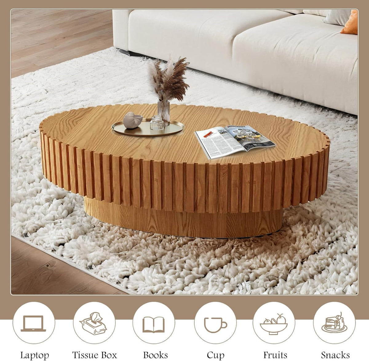 43.3" Oval Wood Coffee Table,Wood Color