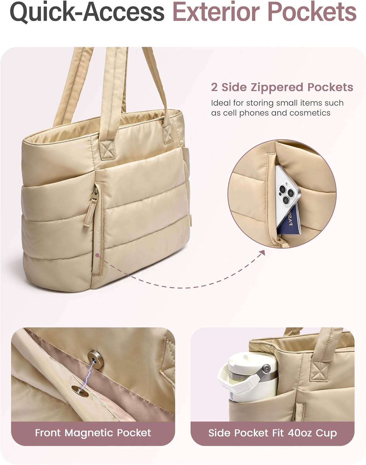 Uselike Tote Bag for Women with Zipper, Quilted Puffer Tote Bag with Compartments, Lightweight Puffy Work Bags for Women
