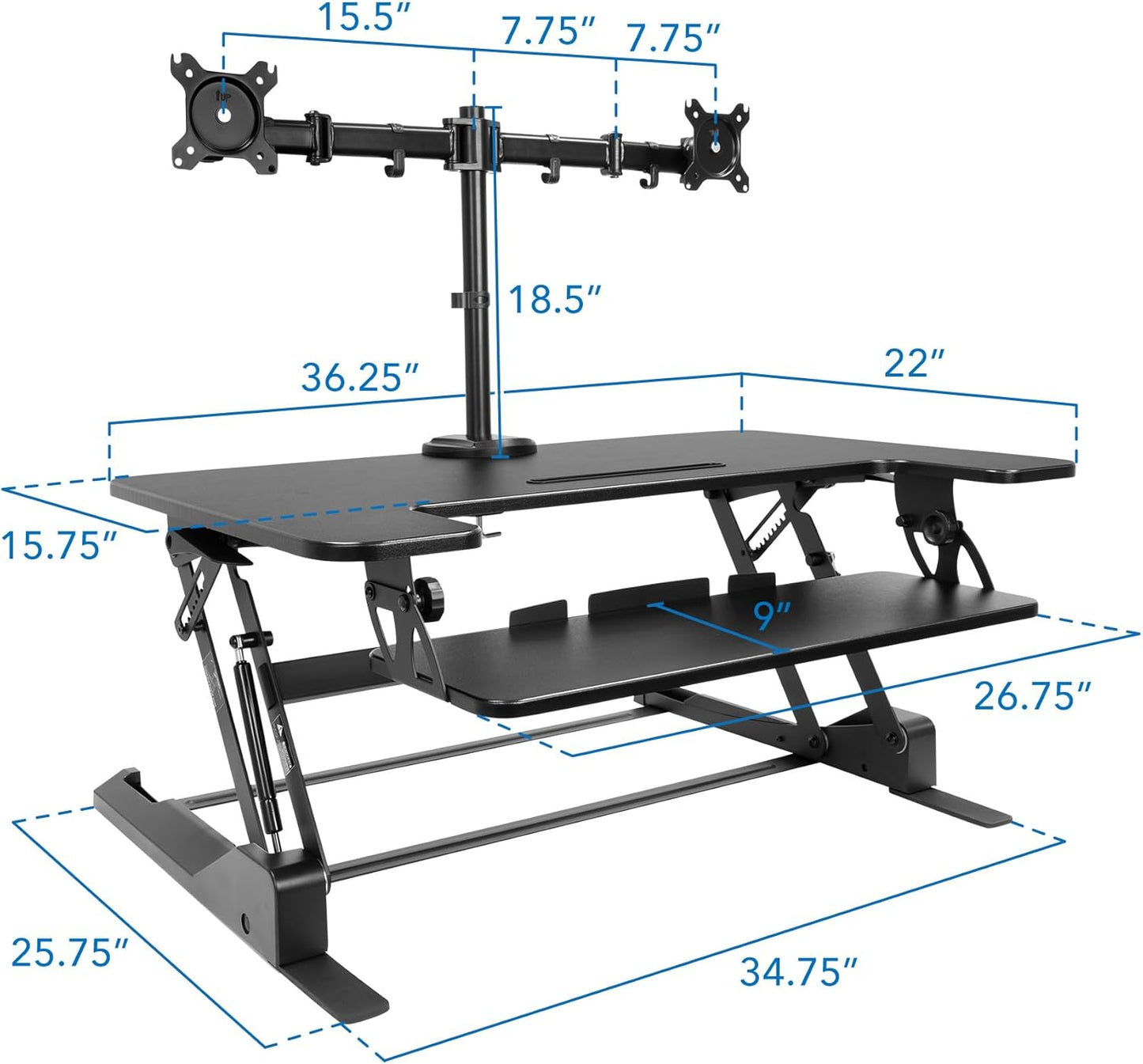 Mount-It! Standing Desk Converter Dual Monitor, 2 Screen Mounts Included, Height Adjustable Desk Riser in Black, Stand Up Desk Convertor Large 36" Wide, Sit Stand Convertor with Manual Lift Gas Spring
