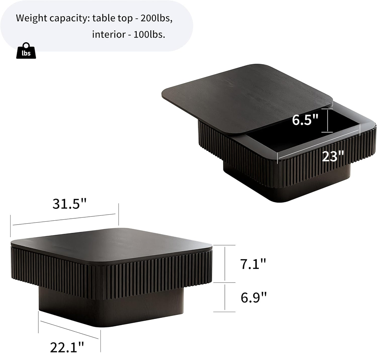 31.5" Square Coffee Table with Hidden Storage Compartment, Modern Handcraft Fluted Drum Coffee Table, Wooden Square Center Table Cocktail Tea Table with Sturdy Pedestal for Living Room, Black