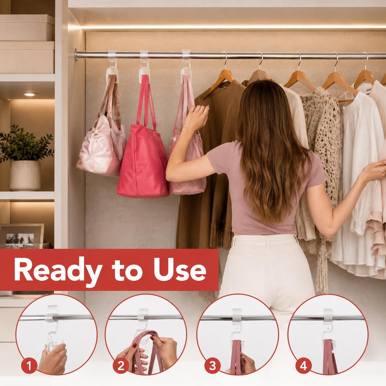 Wiosi Handbag Hanger 3 Pack - Durable Luxury Acrylic Holder Organizers Storage for Purse Tote Bag Satchel Backpack Crossover - Holds Up to 66Lbs – Easy to Clean, No Tools Required