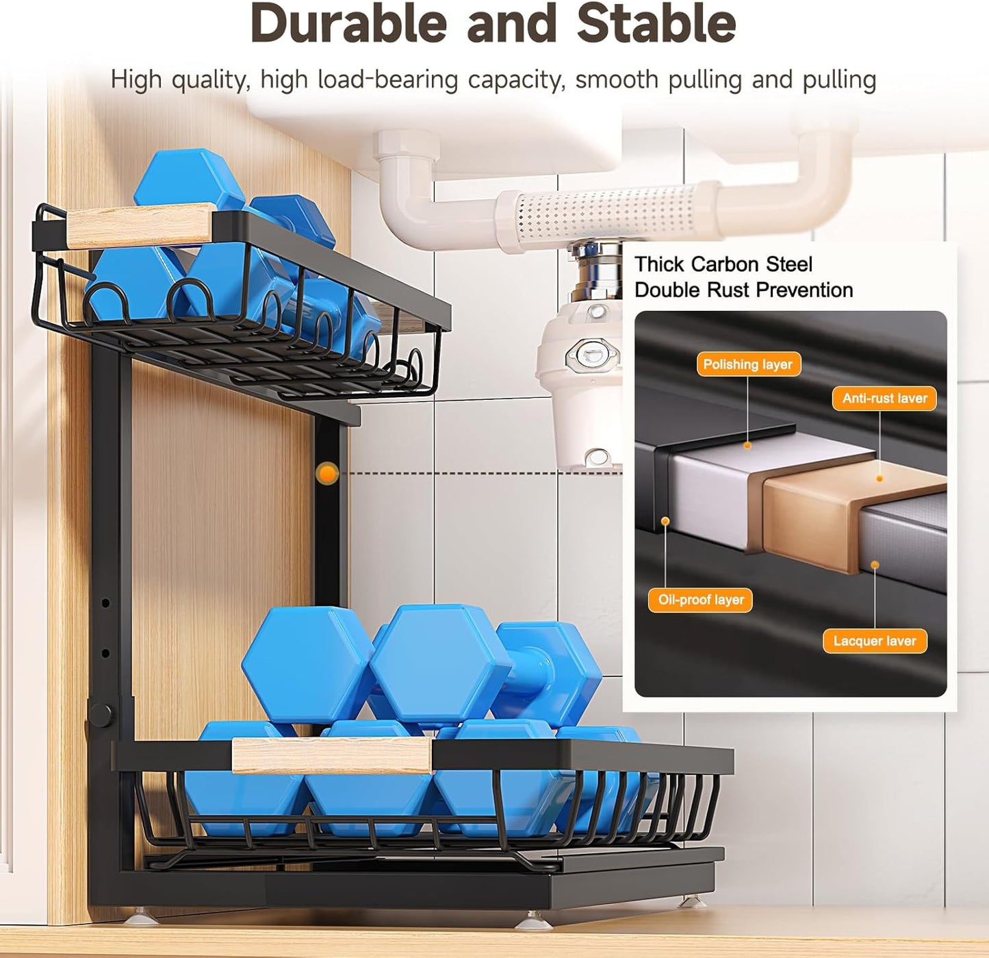 Sevenblue 2 Packs Under Sink Organizer, Height Adjustable 2 Tier Under Kitchen Sink Organizer, Multi-Purpose Storage Shelf for Kitchen Bathroom Cabinet (Black, Large)