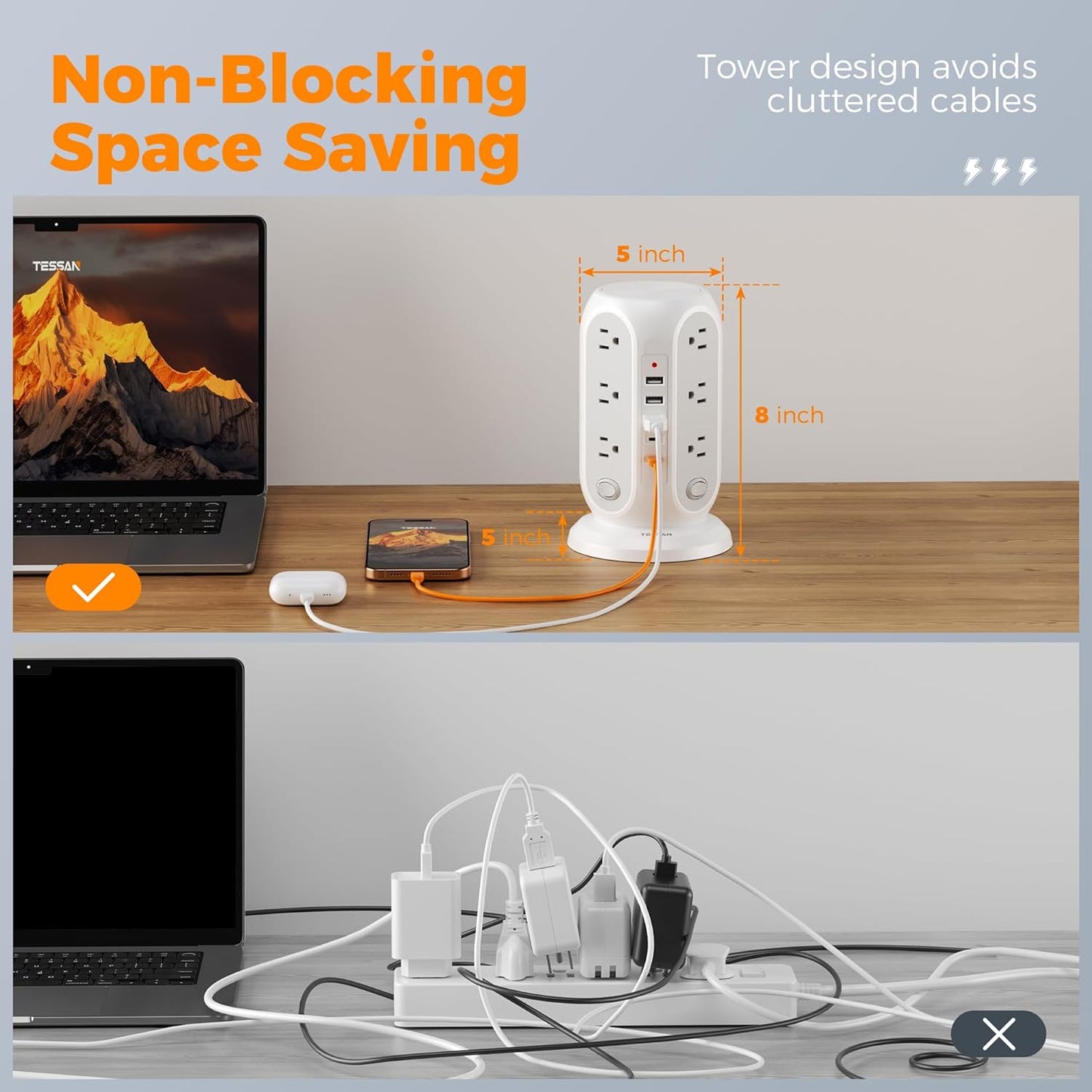 TESSAN Tower Power Strip with Individual Switches, 12 Outlets and 5 USB Ports(2 USB C), Flat Extension Cord 10 Ft, 1250W, Charging Station for Multiple Devices, Office, Dorm, Grey