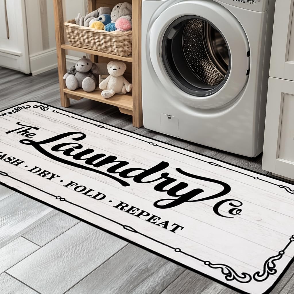 Laundry Room Rug Runner 20"X49" TPR Non Slip Farmhouse Laundry Rugs for Laundry Room Decor Washable Runner Rugs for Kitchen Floor Mudroom and Bathroom-White