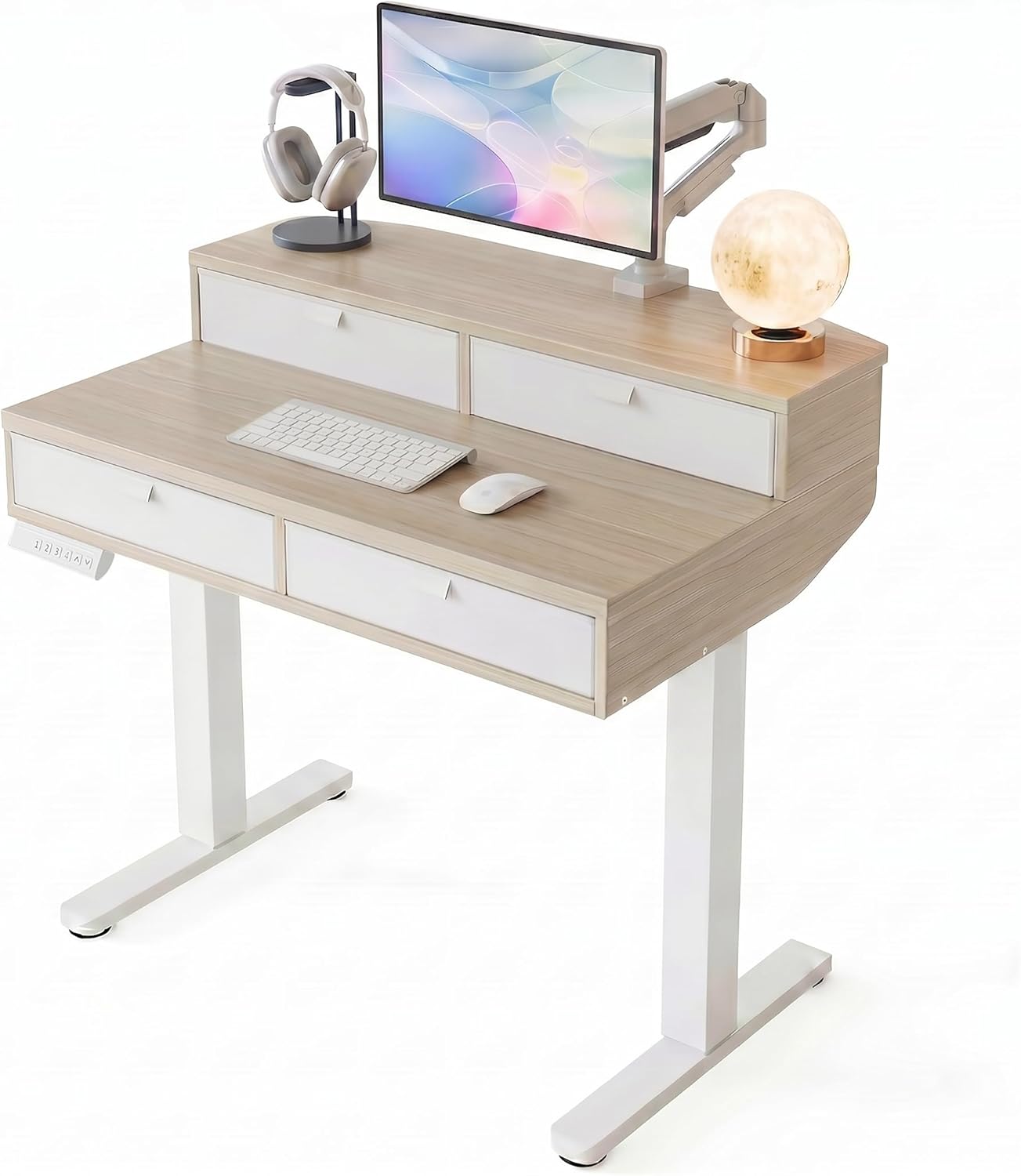 HUANUO 32 X 20 inch Electric Standing Desk with 4 Drawers, Adjustable Height Sit Stand Home Office Desk, C-Clamp Mount Compatible, Ergonomic Stand up Desk with 4 Preset Heights, Natural