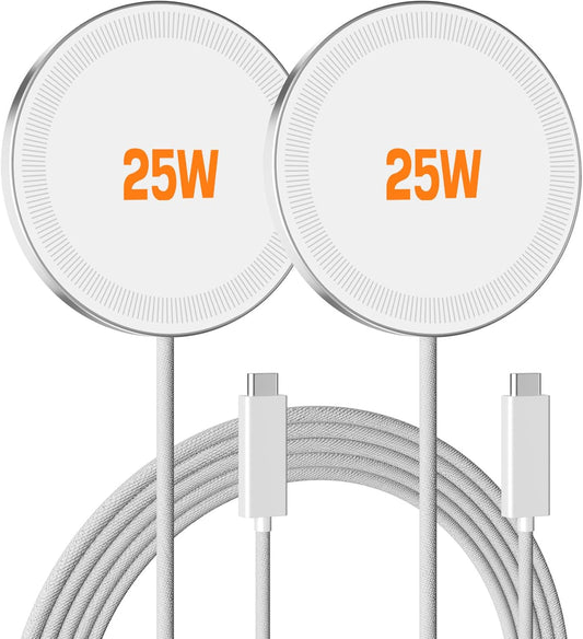 25W Magnetic Wireless Charger: Fast Charging Pad for iPhone 17 16 15 14 13 12 Pro Max, Samsung Galaxy S26 S25, Google Pixel 10, AirPods-Slim Portable for Travel Bedside Office-White 2 Pack