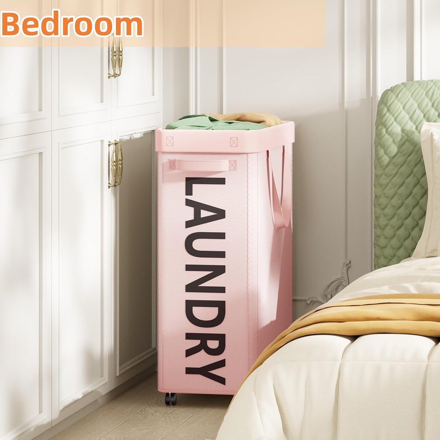 Optish Pink Laundry Basket with Wheels, Dorm Room Essentials Girl, 90L Rolling Laundry Hamper with Wheels, Large Clothes Hamper on Wheel with Removable Mesh Bag for Bedroom, Dorm