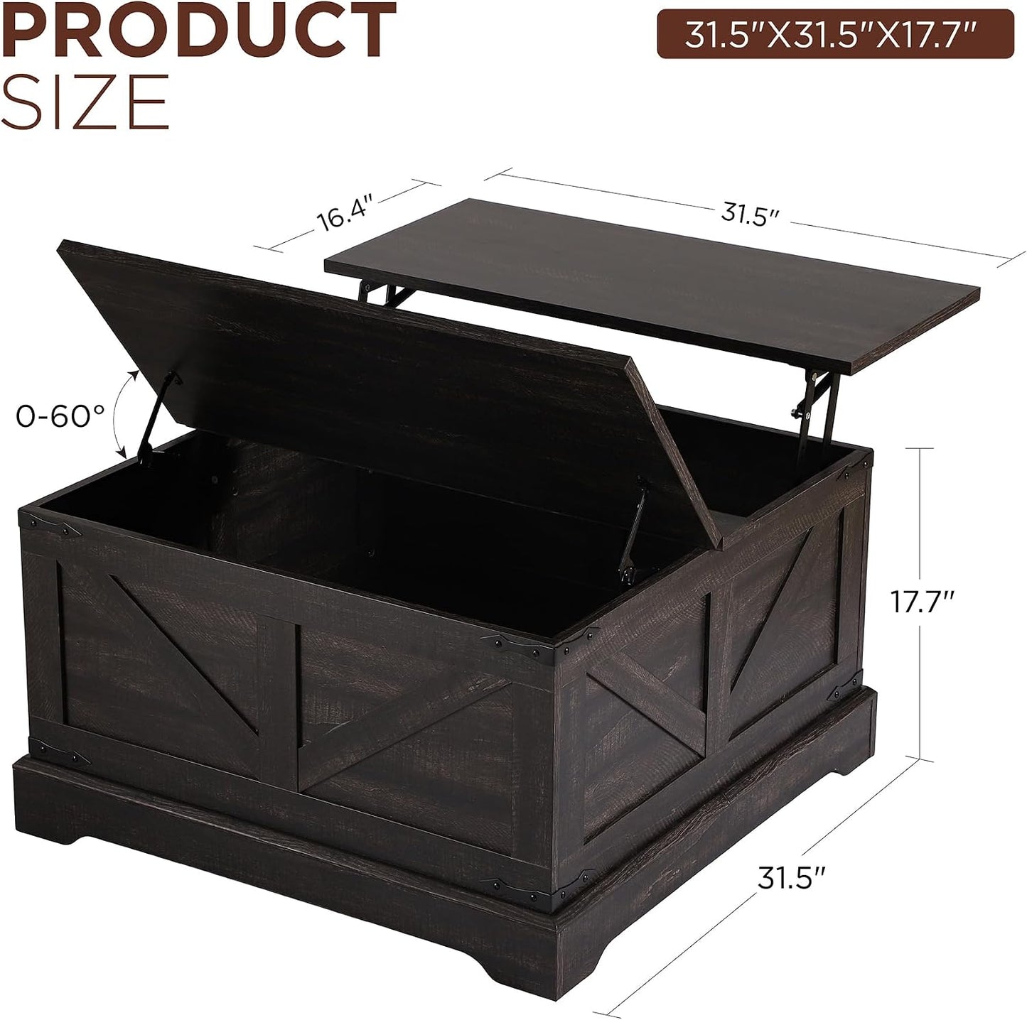 KIGOTY 31.5" Lift Top Coffee Table with Hidden Storage, Black | Square Farmhouse Style with Spacious Interior, All-in-one Living Room Table, Easy to Wipe and Adjust