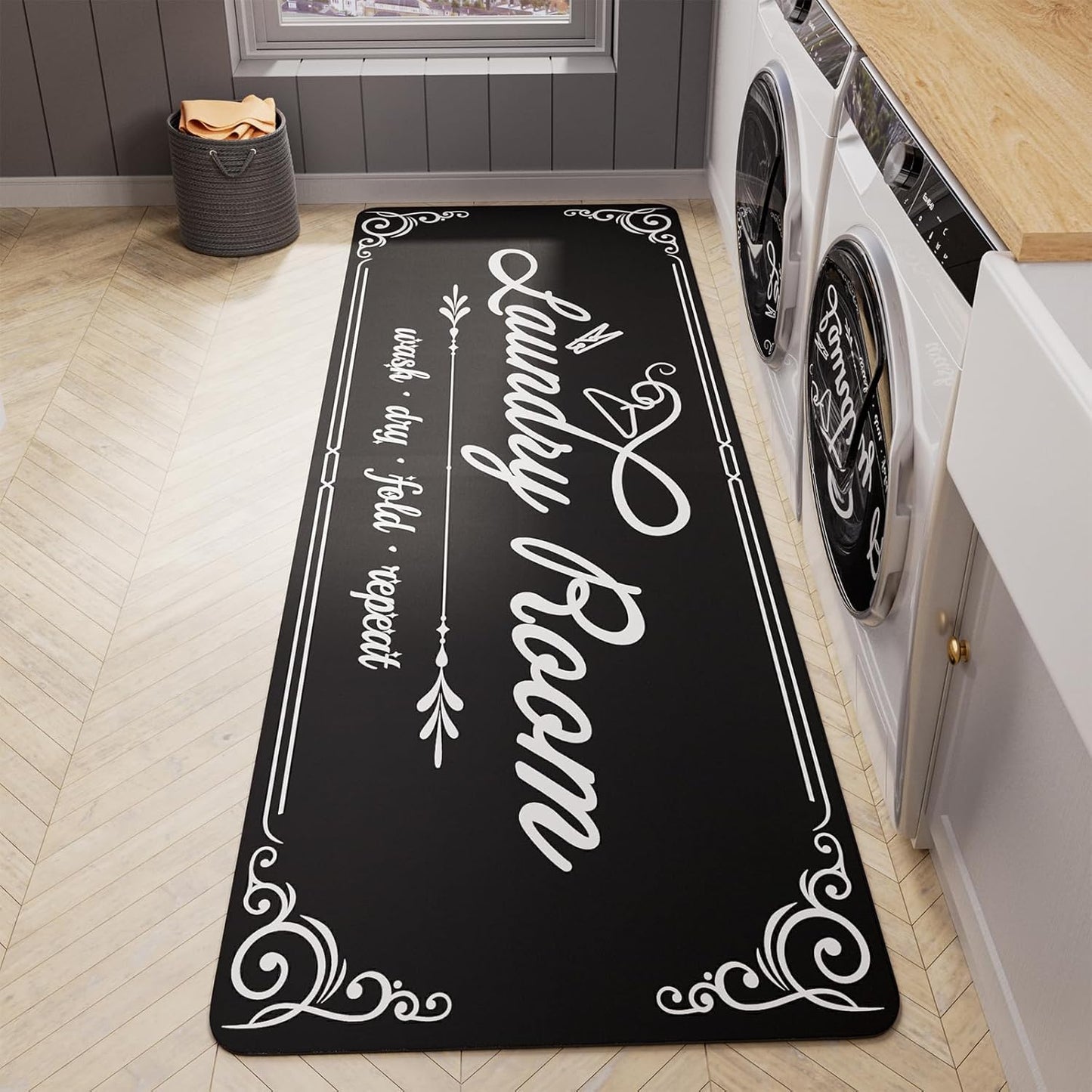 Non-Slip Laundry Room Rug Runner 17.3"x47.2" Washable Floor Cushioned Rubber Carpet Black Bathroom Hallway Mudroom Kitchen Mat for Farmhouse Entryway Washroom Decor Accessories