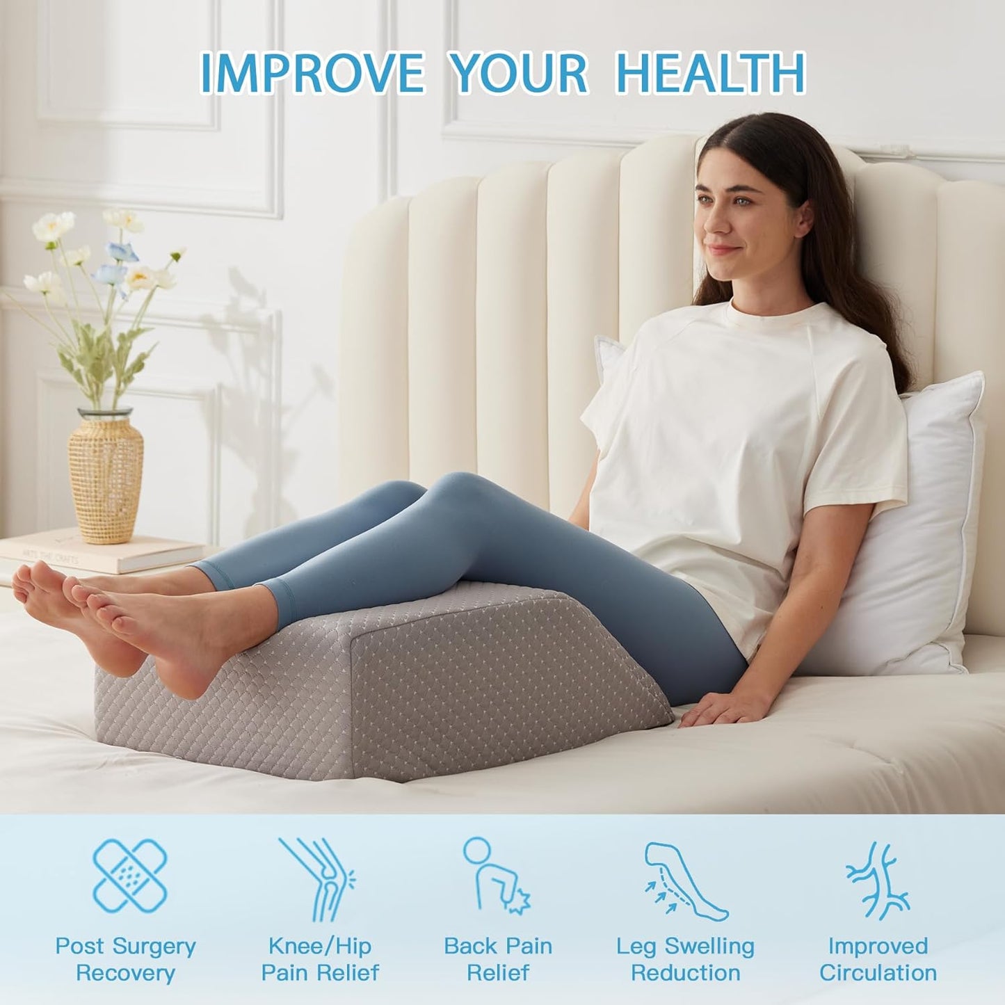 MEGCXIT Leg Pillow Elevation Blood Circulation, Leg Wedge for Elevation for Swelling, Leg Elevating Pillow for After Surgery, Memory Foam Foot Knee Pillow for Back Sleeping 23.6×16.8×8 Inch Grey