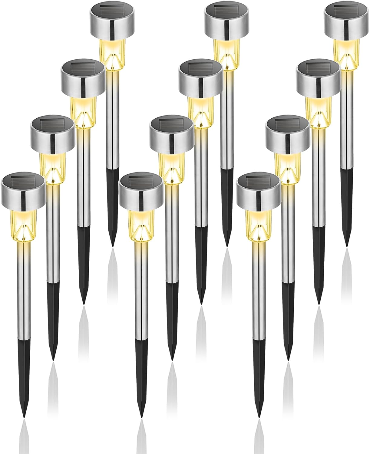 GIGALUMI Solar Garden Lights Outdoor, 12 Pack 6-Color, IP65 Waterproof Decorative Pathway Lights, Stainless Steel LED Landscape Lighting for Yard, Lawn, Walkway