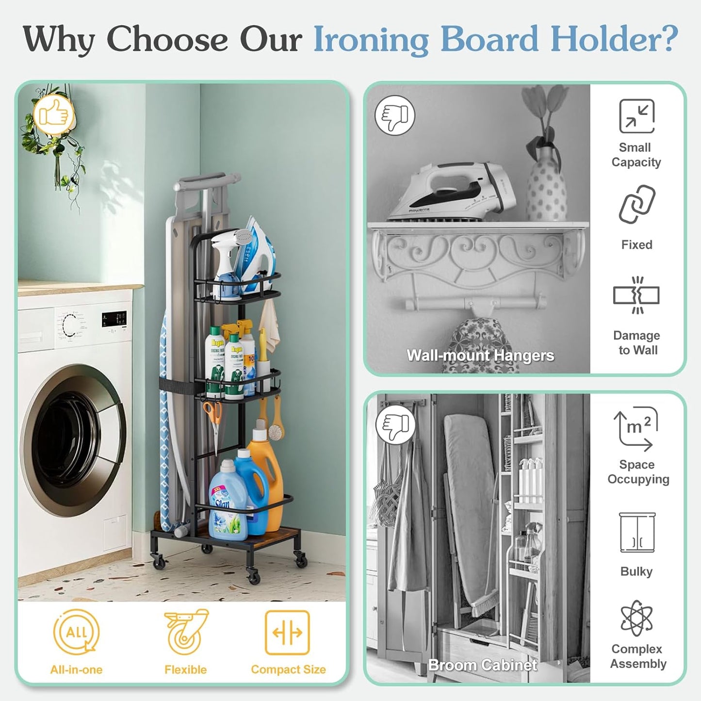 Ironing Board Hanger,Iron and Ironing Board Holder No Wall Mount,Laundry Room Organization and Storage Cart with Iron Stand,Narrow Laundry Shelves Organizer Cabinet,Laundry Room Essentials Accessories
