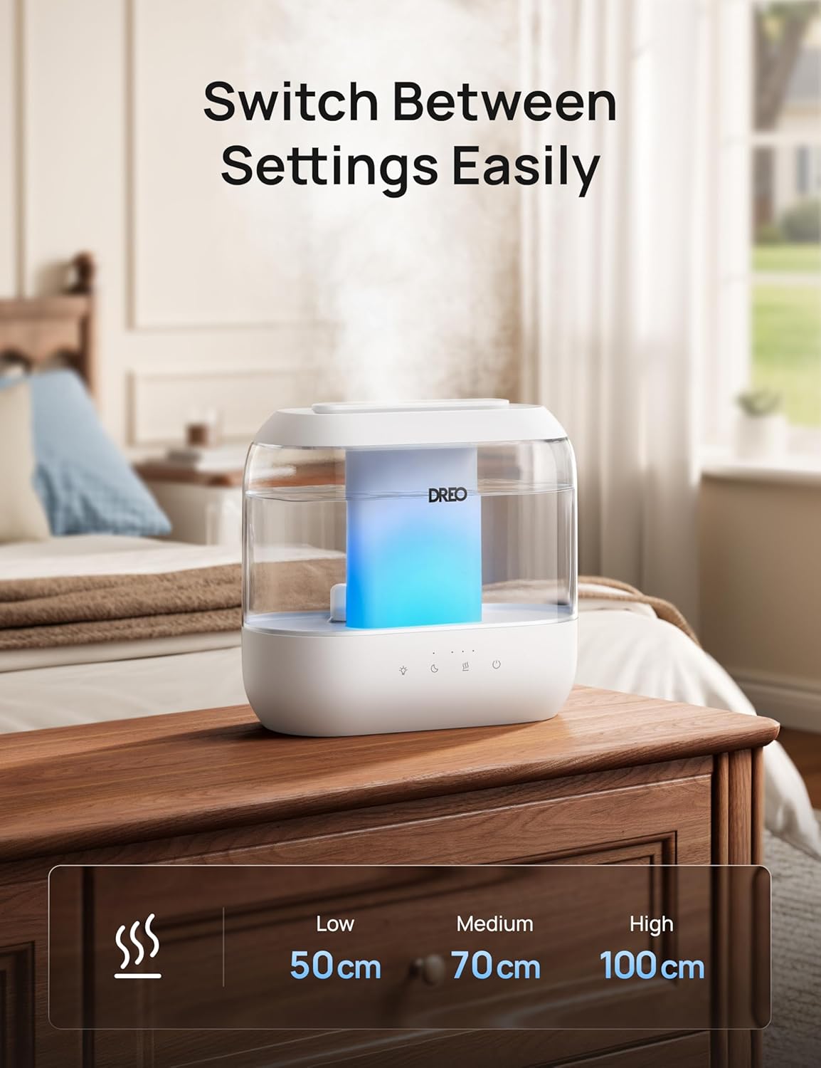 Dreo Humidifiers for Bedroom, 4L Top Fill for Large Room, 36H Runtime, 28 dB Quiet Supersized Cool Mist Air Humidifier for Baby Nursery, Plants, Indoor, Night Light, Easy to Clean & Fill, White
