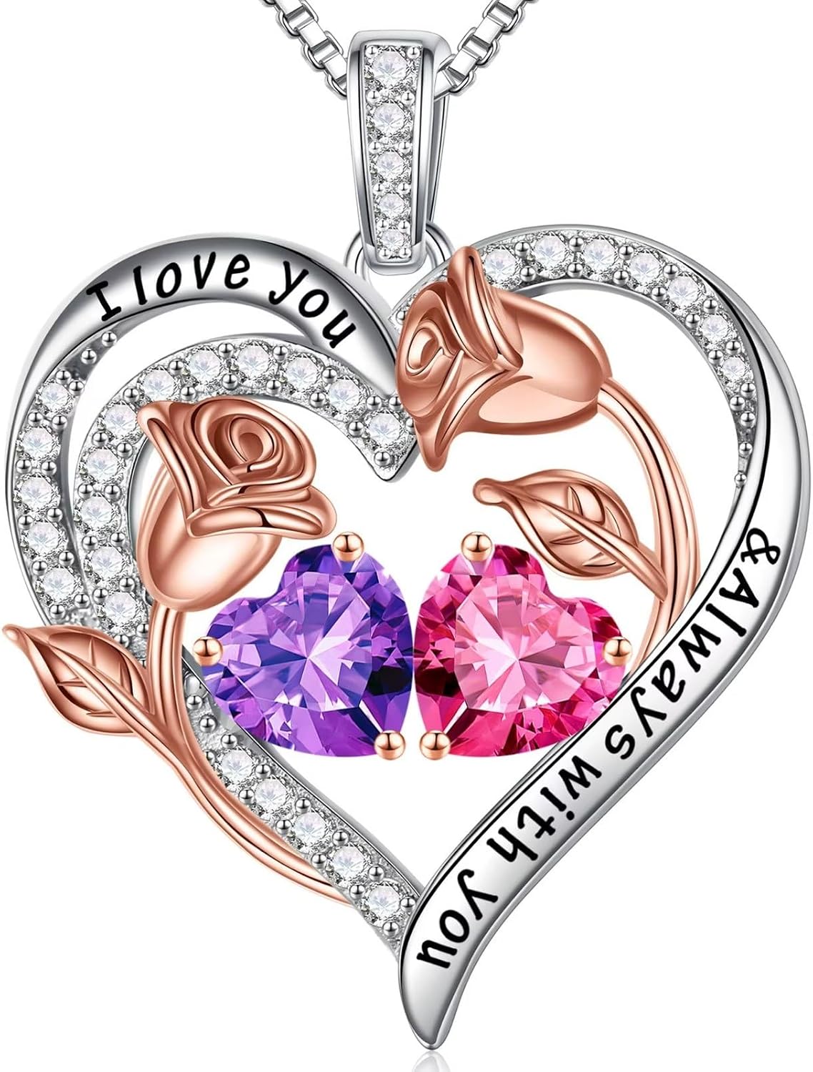 Iefil Birthstone Necklace for Women - Rose Heart Necklace