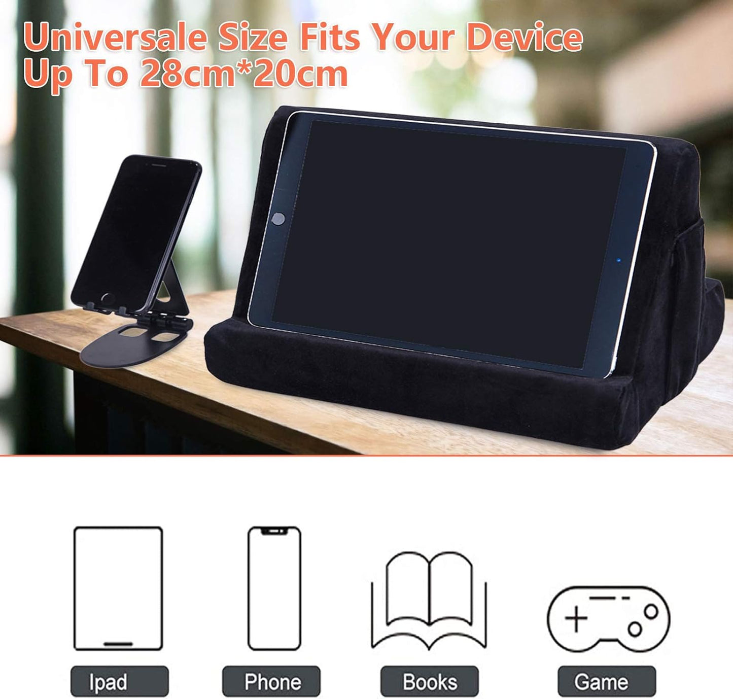 2pcs Multi-Angle Tablet Holder Cushion Stand with Net Pocket & Black Color Phone Stands Upgraded Tablet Pad Support for Phone,Pad,Books ( Black )