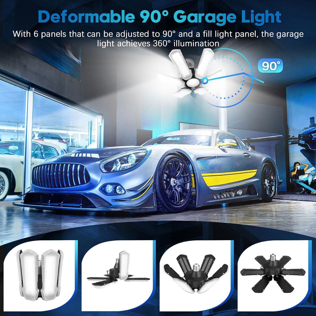 TANBABY 1 Pack LED Garage Lights, 150W Deformable Garage Light Bulb, 15000LM 6500K Daylight, 6+1 Adjustable Panels, E26/E27 Screw-in Ceiling Light for Basement