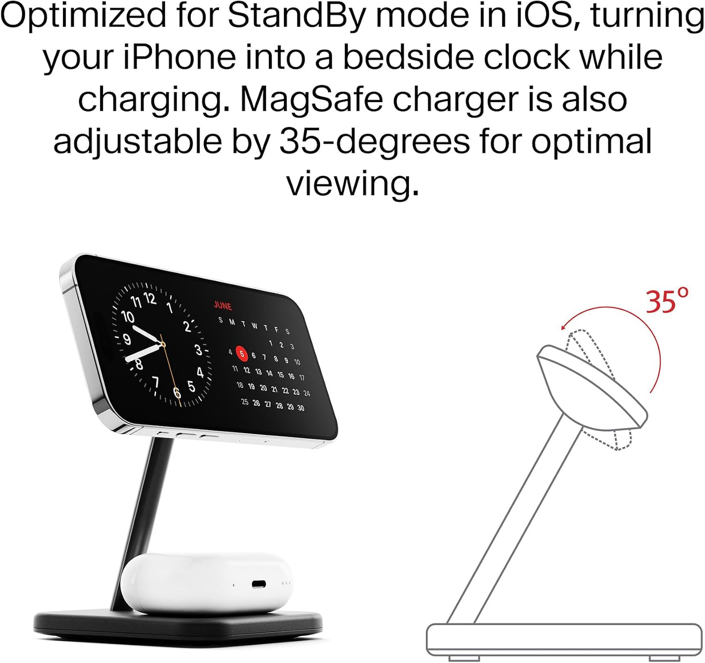 Twelve South HiRise 2 Deluxe 2-in-1 Wireless Charging Station, Black | The Qi2 magnetic arm delivers 15W to your iPhone while the 5W base tops up AirPods Pro; tilts 70 degrees for StandBy mode.