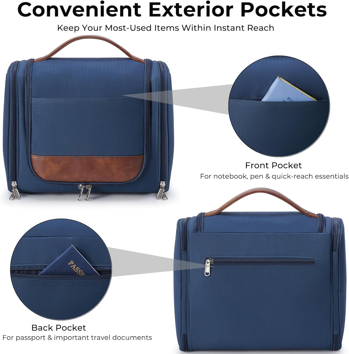 Ralnitote Large Hanging Toiletry Bag for Men, Travel Bathroom Bag with Hook, Hygiene Bag Organizer for Shower, Shaving & Grooming Essentials, Navy