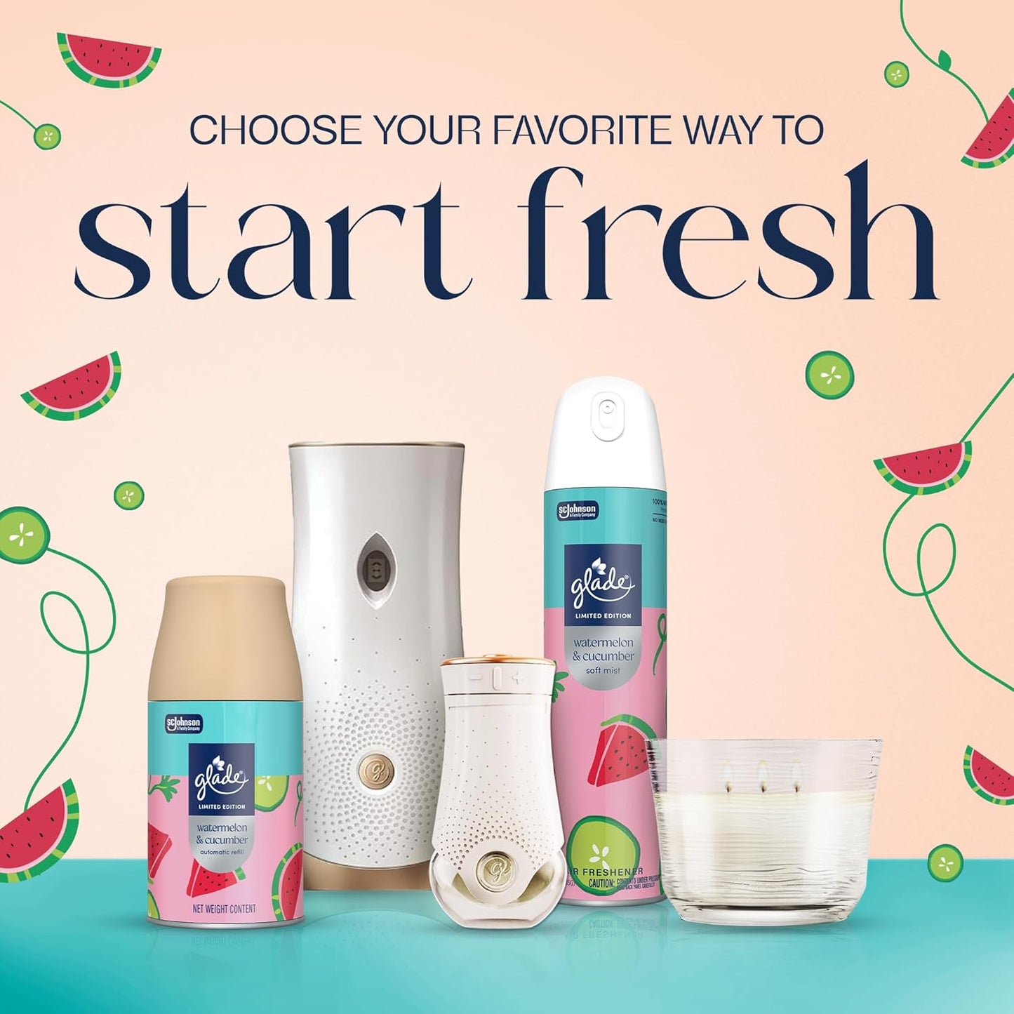 Glade PlugIns Refills Air Freshener, Watermelon & Cucumber, Scented and Essential Oils for Home and Bathroom, 0.67 Fl Oz, 5 Count
