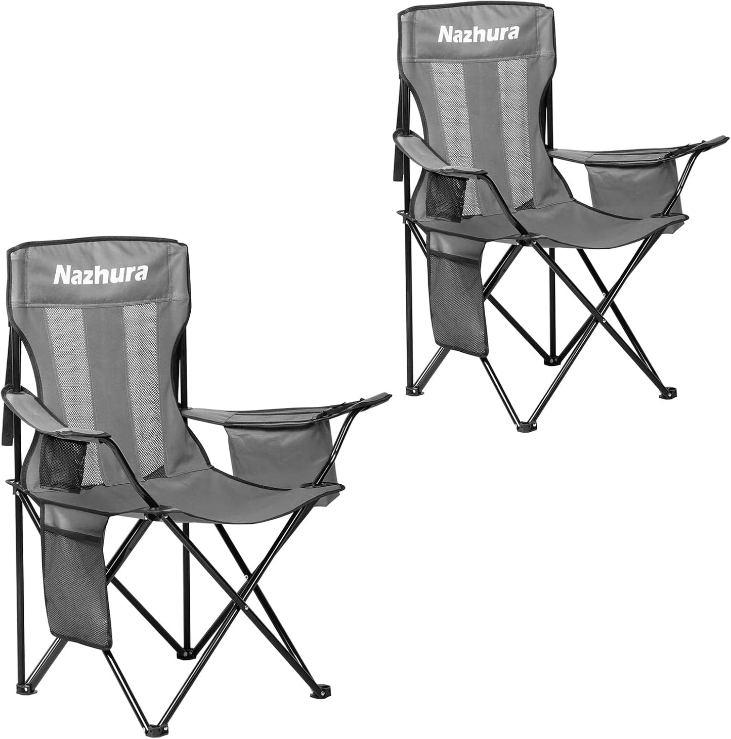 Nazhura 2 Pack Outdoor Camping Chairs Folding/Foldable/Portable with Cooler Pouch, Mesh Backrest and Cup Holder Pocket(Grey, 2 Pack)