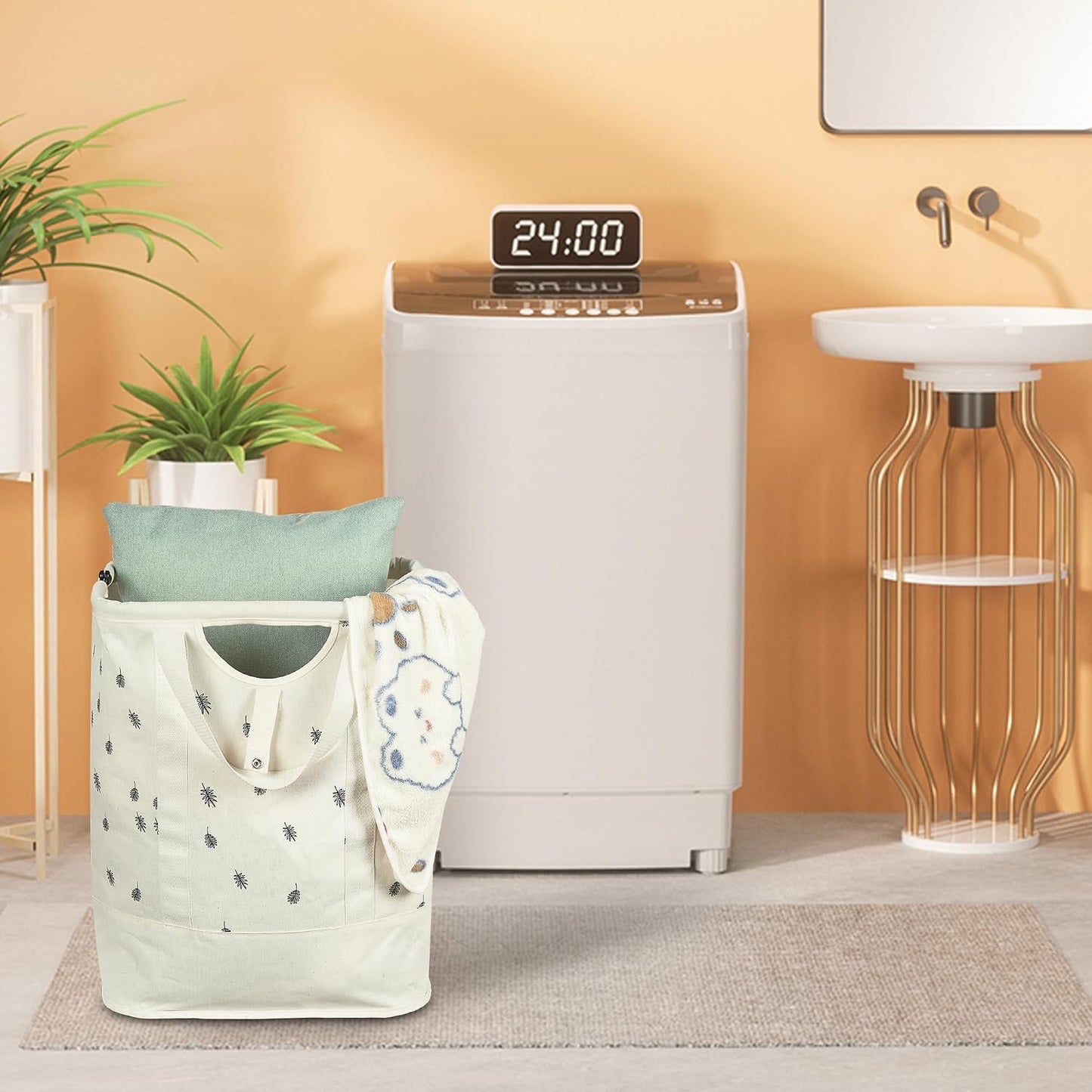 JOMOLA Collapsible Laundry Hamper 70L Large Foldable Laundry Basket Canvas Dirty Clothes Hamper Laundry Tote Bag with Handles for Family College Dorm Storage (Beige)