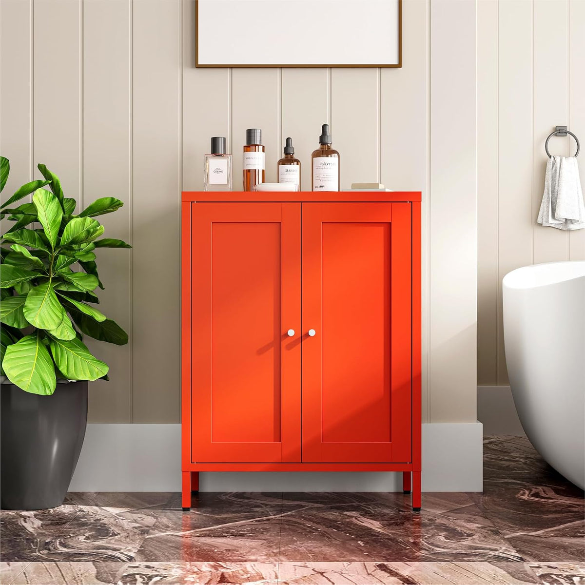 Metal Bathroom Cabinet, Small Floor Storage Cabinet, Freestanding Sideboard with 2 Adjustable Shelves for Living Room, Dining Room (Orange, 31.5" H-2 Doors)
