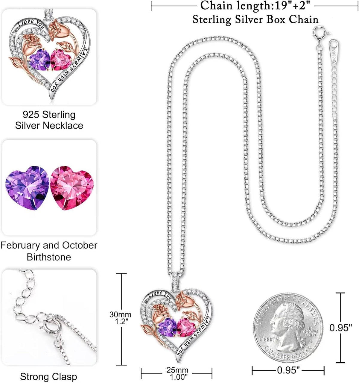 Iefil Birthstone Necklace for Women - Rose Heart Necklace