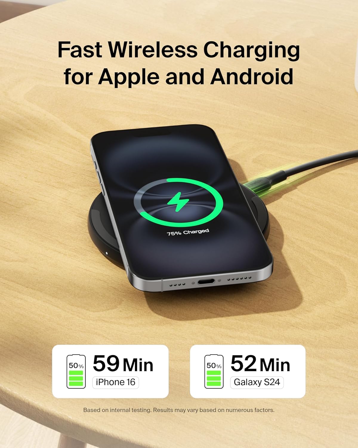 Belkin Wireless Charging Pad 15W - Qi Charger, Charging Station for Apple iPhone 17, iPhone 16/15/14 Series, AirPods, Samsung Galaxy S25, Galaxy S24, Pixel 10 - Power Supply and Cable Included - Black
