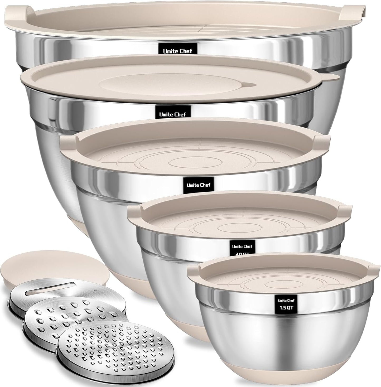 Umite Chef Mixing Bowls with Airtight Lids Set, 8PCS Stainless Steel Nesting Bowls with Grater Attachments, Non-Slip Bottoms, 5, 4, 3.5, 2, 1.5QT for Mixing & Serving