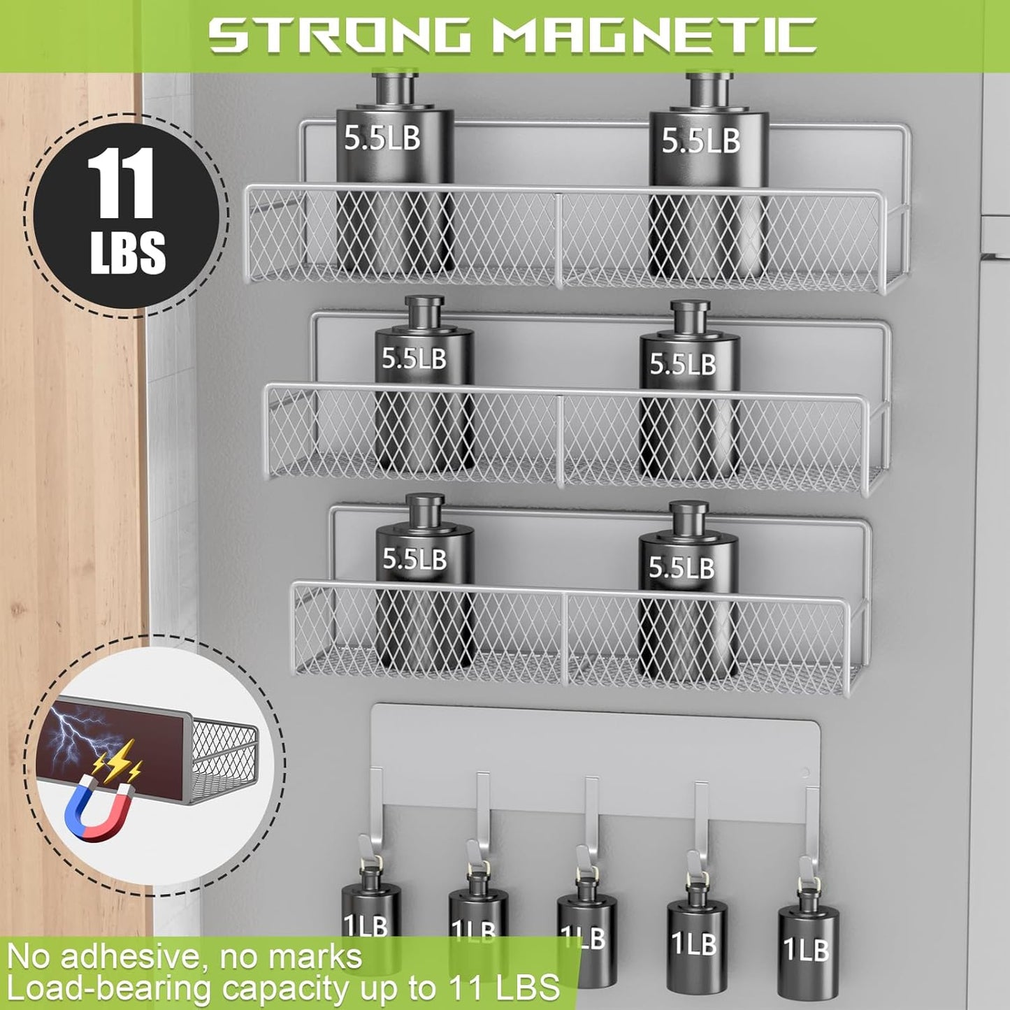 4 Pack Magnetic Shelves for Washing Machine, Heavy-Duty Magnetic Laundry Organizer with Hooks, Washing Machine Shelf for Refrigerator, Metal Storage Baskets, Closet & Laundry Room Organization (Grey)