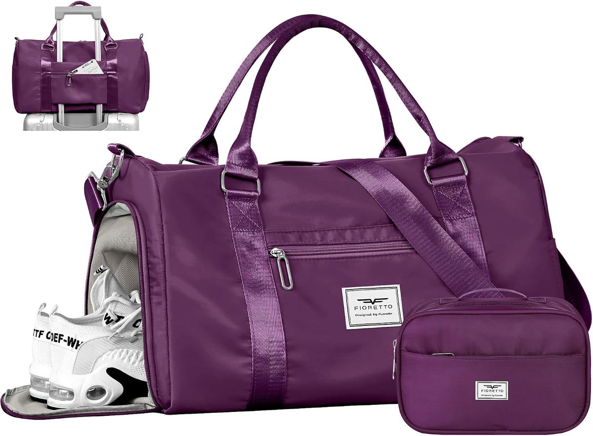 FIORETTO Womens Gym Tote Duffle Bag with Toiletry Bag, Sports Duffel Overnight Hospital Workout Carry on Bag for Girls with Wet Pocket & Shoe Compartment, Ideal for Travel, Swimming, Dance Purple