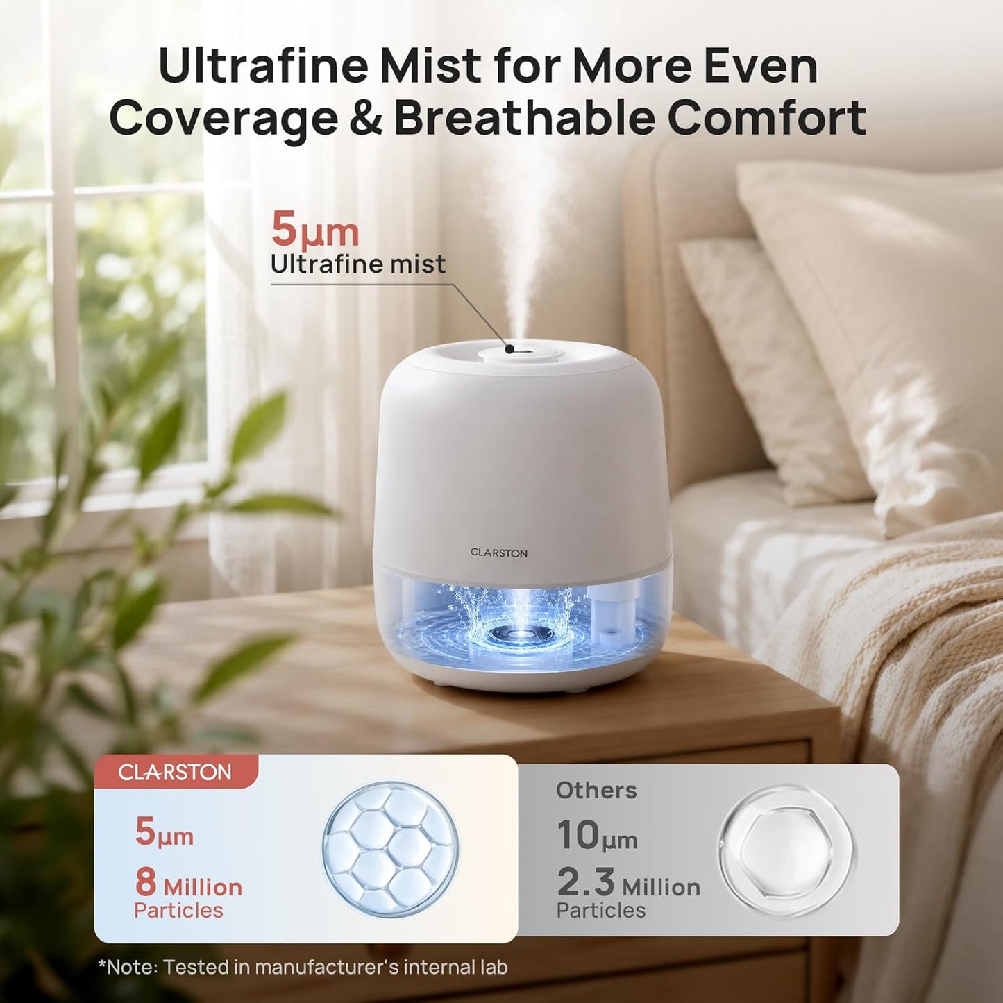 Clarston Humidifiers for Bedroom, 2L Top Fill with 360° Nozzle for Large Room, 7-Color Night Light, 24dB Quiet Cool Mist Air Humidifier for Baby Nursery & Plants, No BPA, Auto Shut Off, Easy to Clean