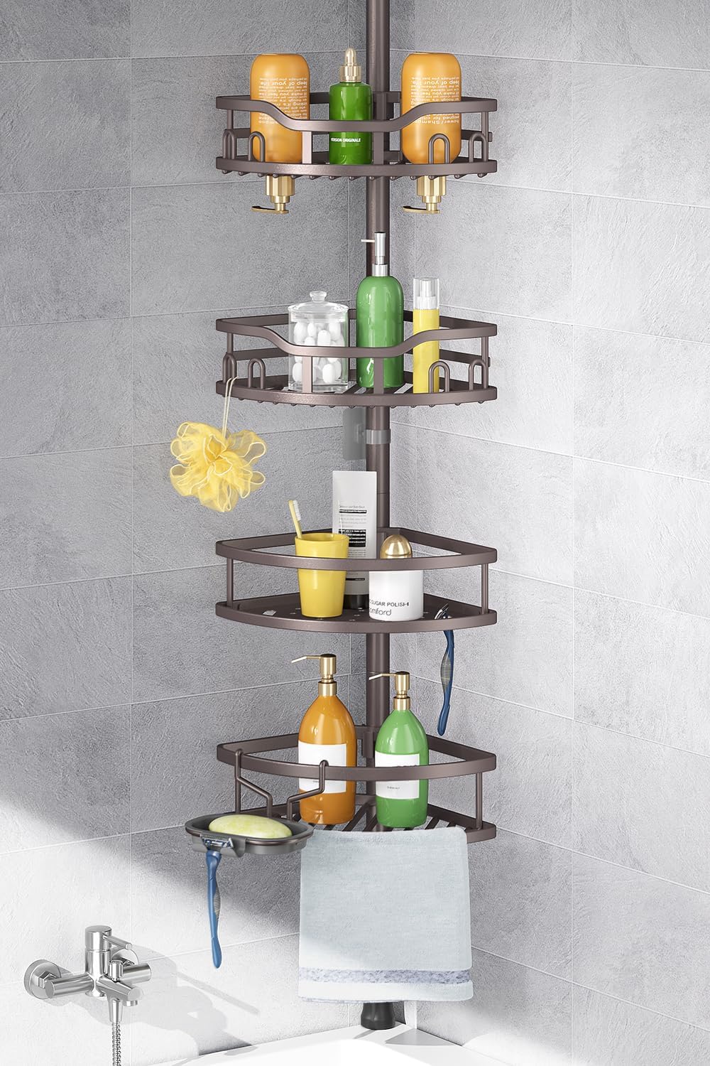 HAMITOR Corner Shower Caddy Tension Pole: Rustproof 4-Tier Bathroom Organizer Shelves for Bathtub Shampoo Storage - 47-121 Inch Quick Install Adjustable Rod Standing Rack with Soap Rack -Tan Khaki