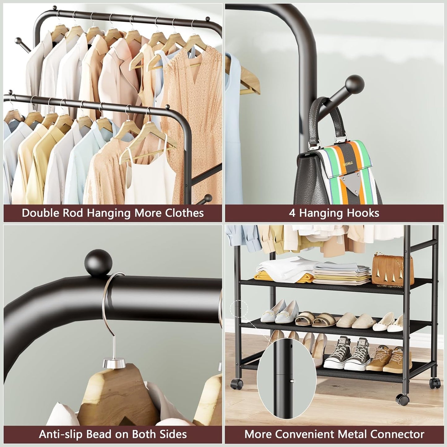 Furologee Clothes Racks for Hanging Clothes, Double Rods Clothing Rack with 3-Tier Storage Shelves, Rolling Garment Wardrobe with Wheels, Portable Free Standing Closet for Bedroom, Laundry Room, Black