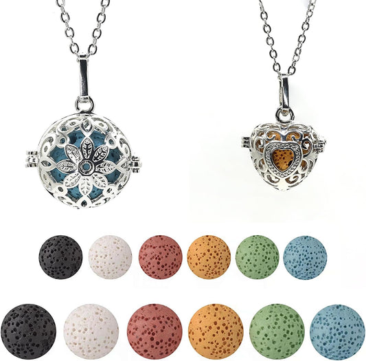 2 PCS Aromatherapy Essential Oil Diffuser Necklace Hollow Ball and Small Heart Shape Colored Lava Stone Pendant Necklace for Women…