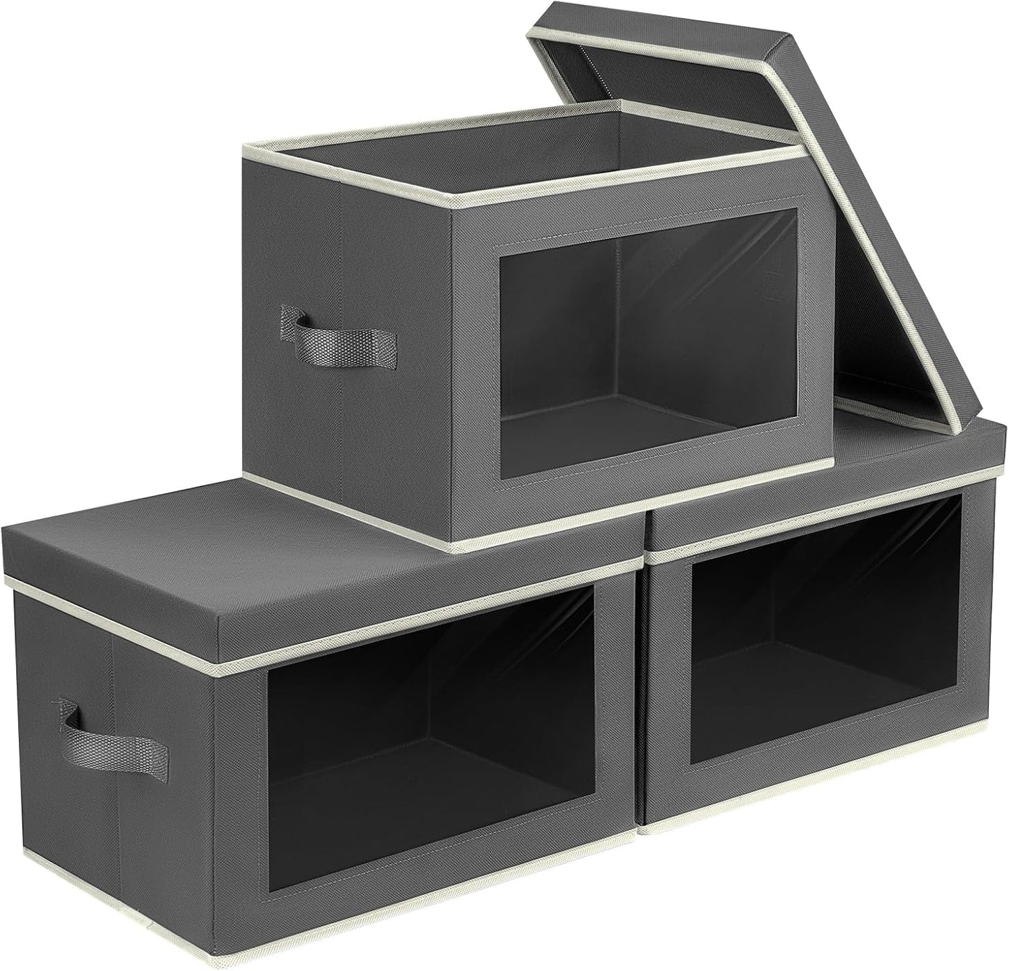 Homsorout Storage Boxes with Lids - 3 Pack Fabric Clear Window Storage Bins, Collapsible Storage Bins with Lids, Linen Closet Organizer for Clothes, Towel, Blanket, Dark Grey
