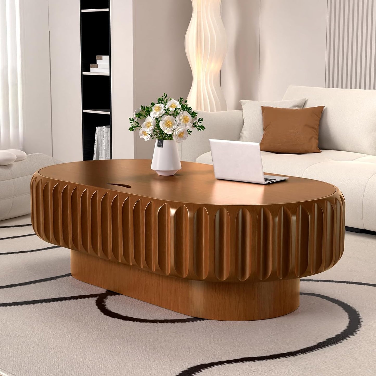 Chic Drum Coffee Table with Storage (E 43.3in) | 43.3" Rustic Oval Center Table - Solid Wood Fluted Veneer | Easy Assemble | for Living Room Apartment