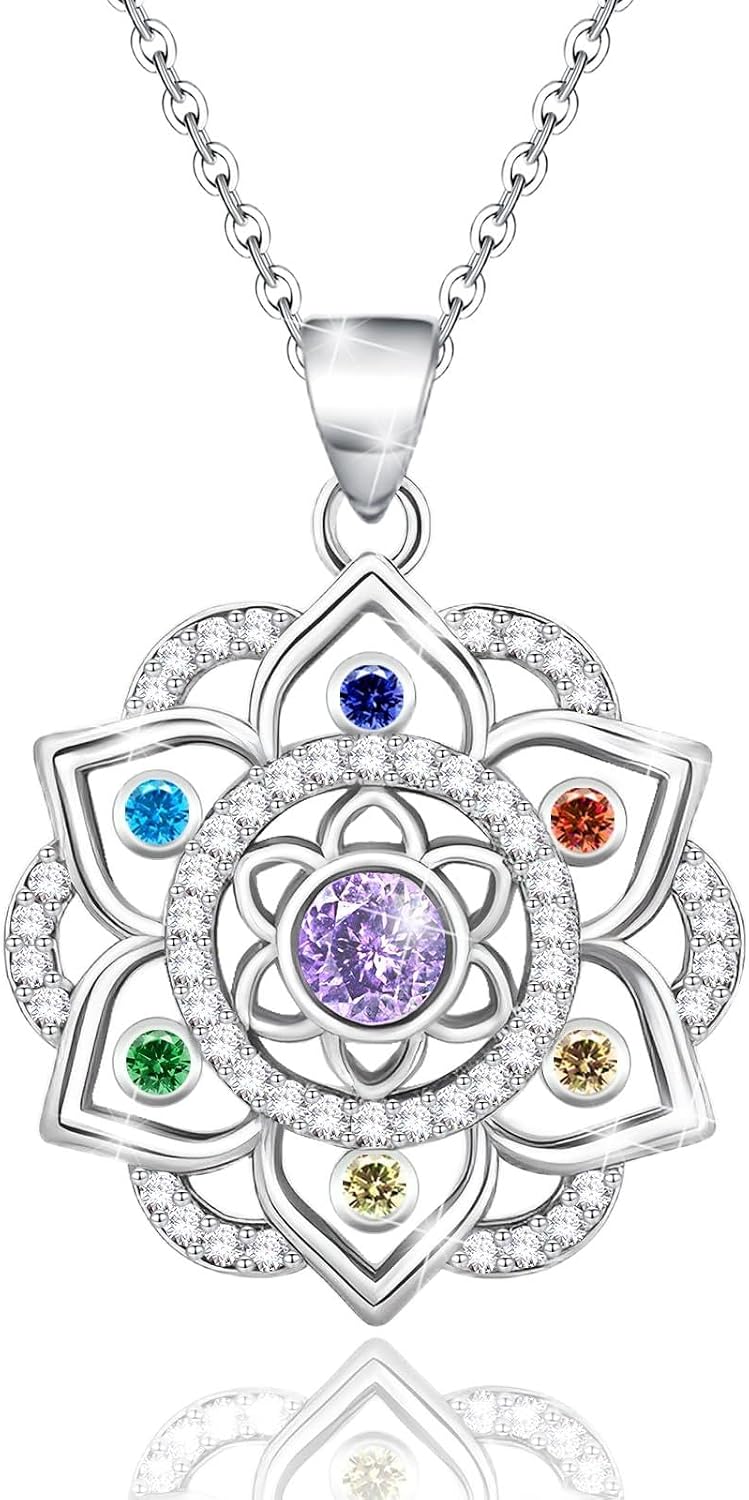 Lotus Necklace 925 Sterling Silver Chakra Flower Pendant Necklace 7 Colorful Rainbow Yoga Lotus Jewelry for Women Wife Mother's Day Birthday Valentines Gifts