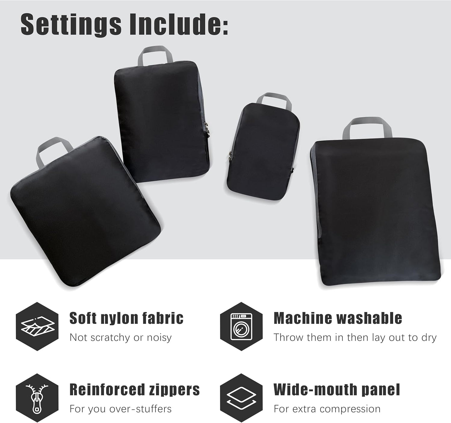 PANDA JOYS 4 Set Compression Packing Cubes Travel - Travel Accessories Expandable Packing Organizers for Carry On - Essentials Luggage Bags - Black
