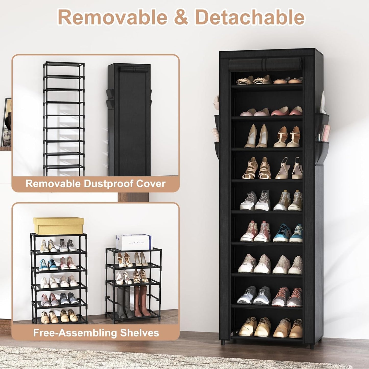 VILICK Shoe Rack with Cover Narrow Shoe Organizer with 4 Side Pockets 10 Tier Tall Shoe Storage Holds 18-22 Pairs Shoes and Boots Shoe Rack for Closet Entryway Garage