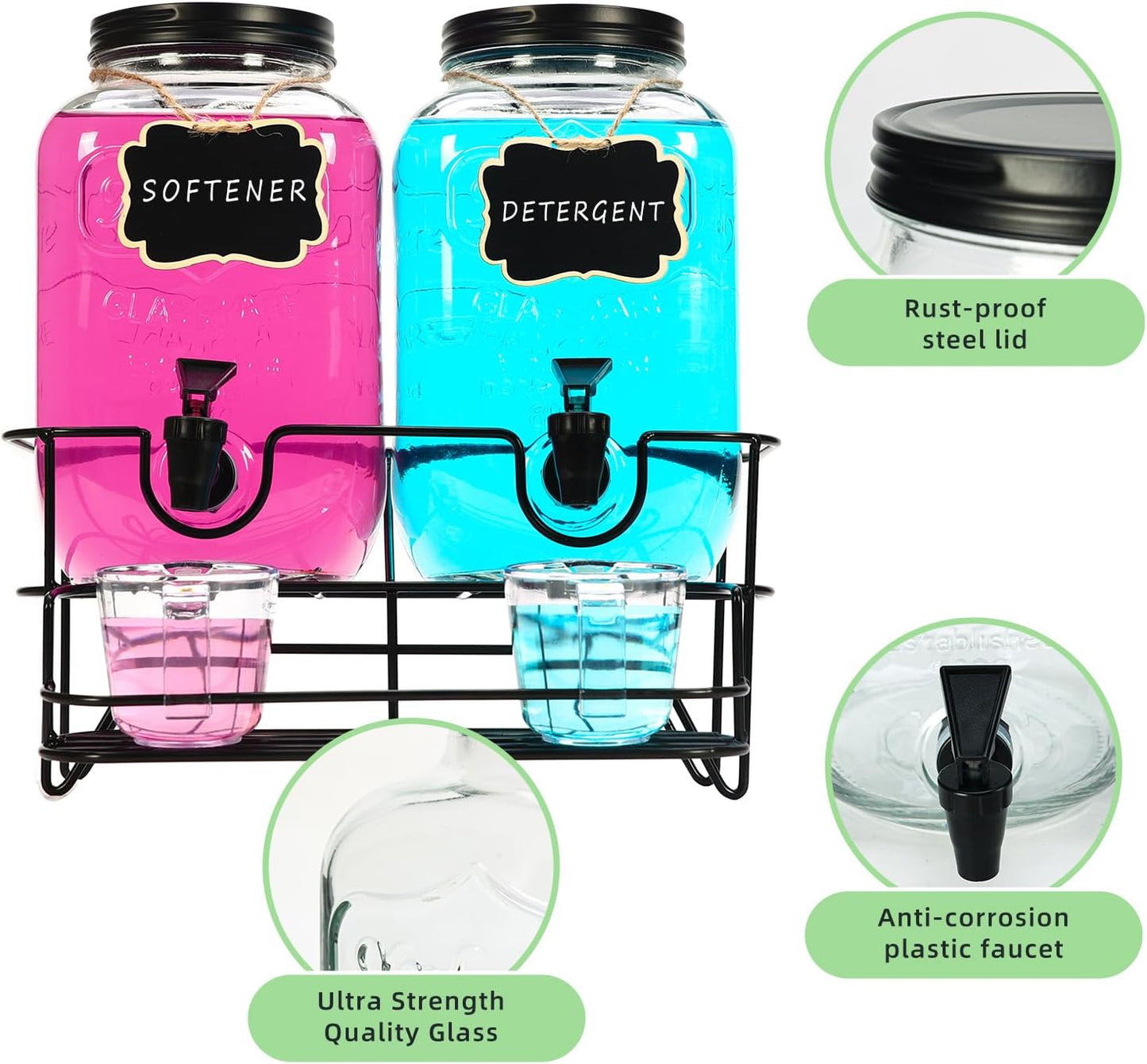 Roetell 2 Sets 1 Gallon Laundry Detergent Dispenser with Stand, Measuring Cup, Glass Laundry Detergent Containr for Laundry Room Organization