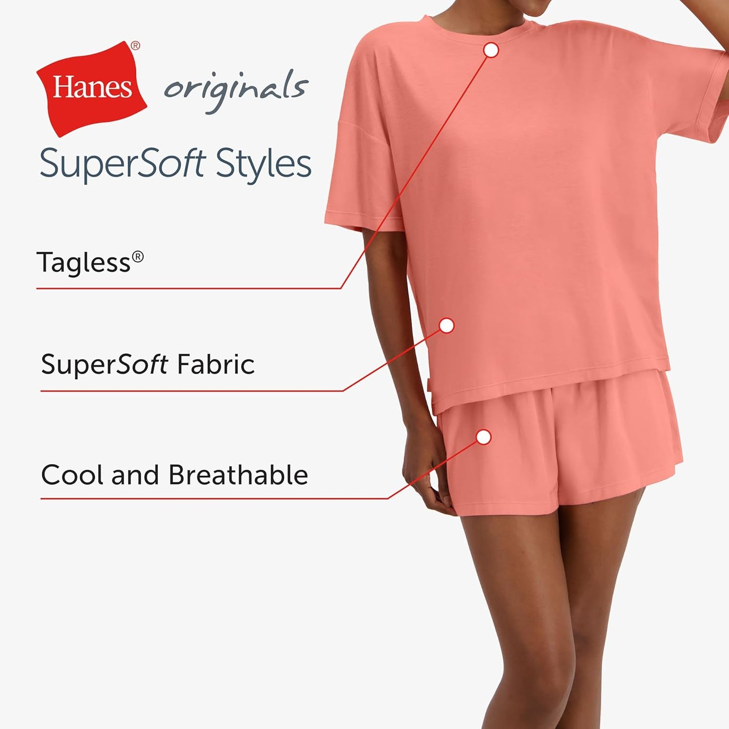 Hanes Women's Pajamas Set, Comfywear Pajamas for Women Set, Originals SupertSoft Loungewear, T-Shirt & Sleep Shorts