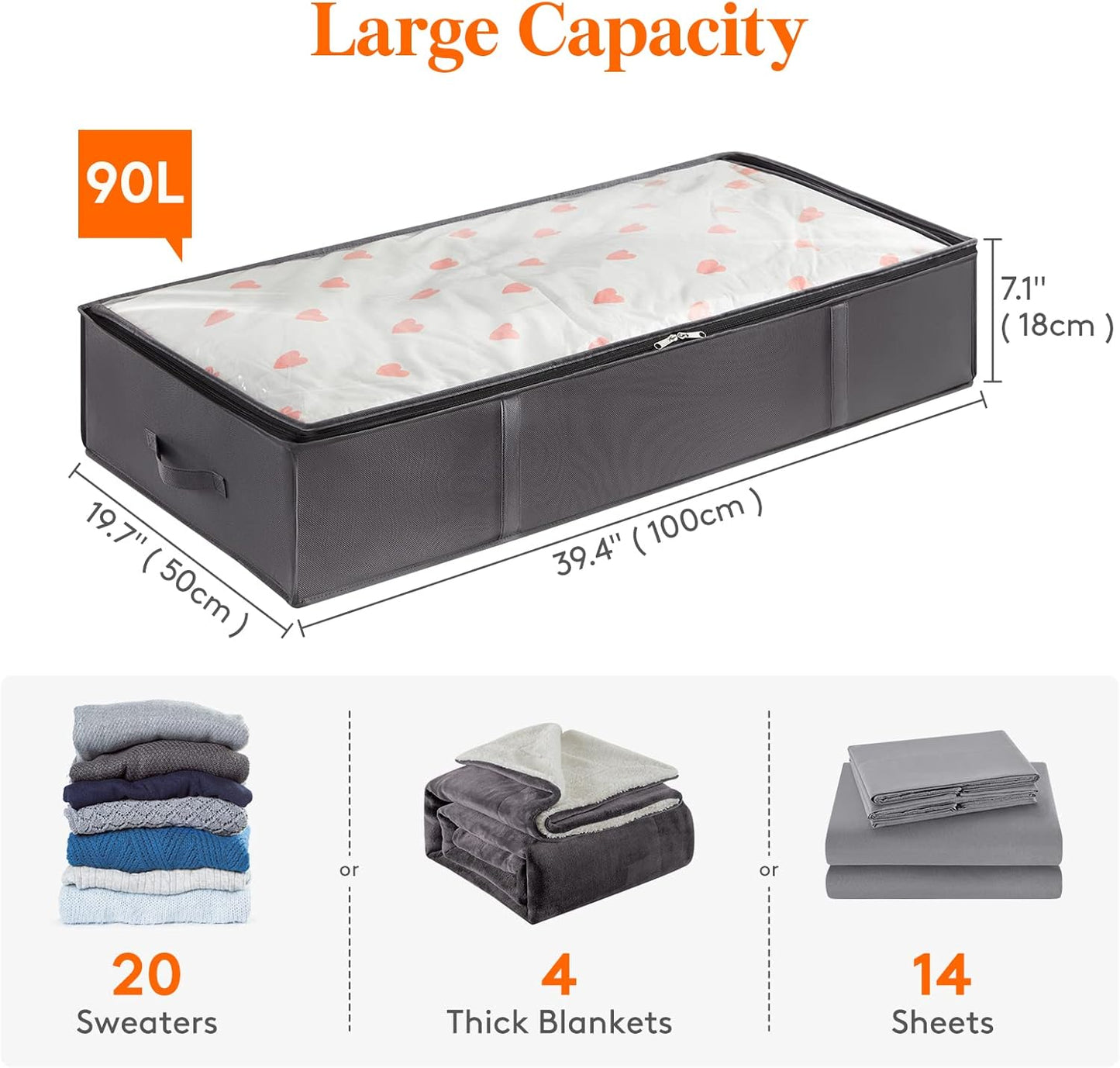 Lifewit 95L 4 Pack Under Bed Storage Containers, Large Capacity Blanket Storage Bags with Reinforced Handle, Organization and Storage for Comforters, Sheets, Clothes, Bedroom, College Dorm, Grey