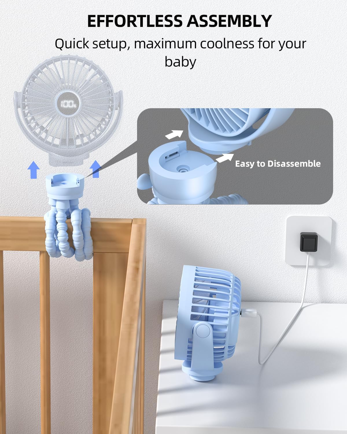 buywoo Portable Stroller Mini Fan, Small Rechargeable Personal Fan, Travel Essentials for Baby, Wagon, Car Seat, Treadmill, Battery Powered Biking Gear Accessories, 360° Rotation, 3-Speed, Display