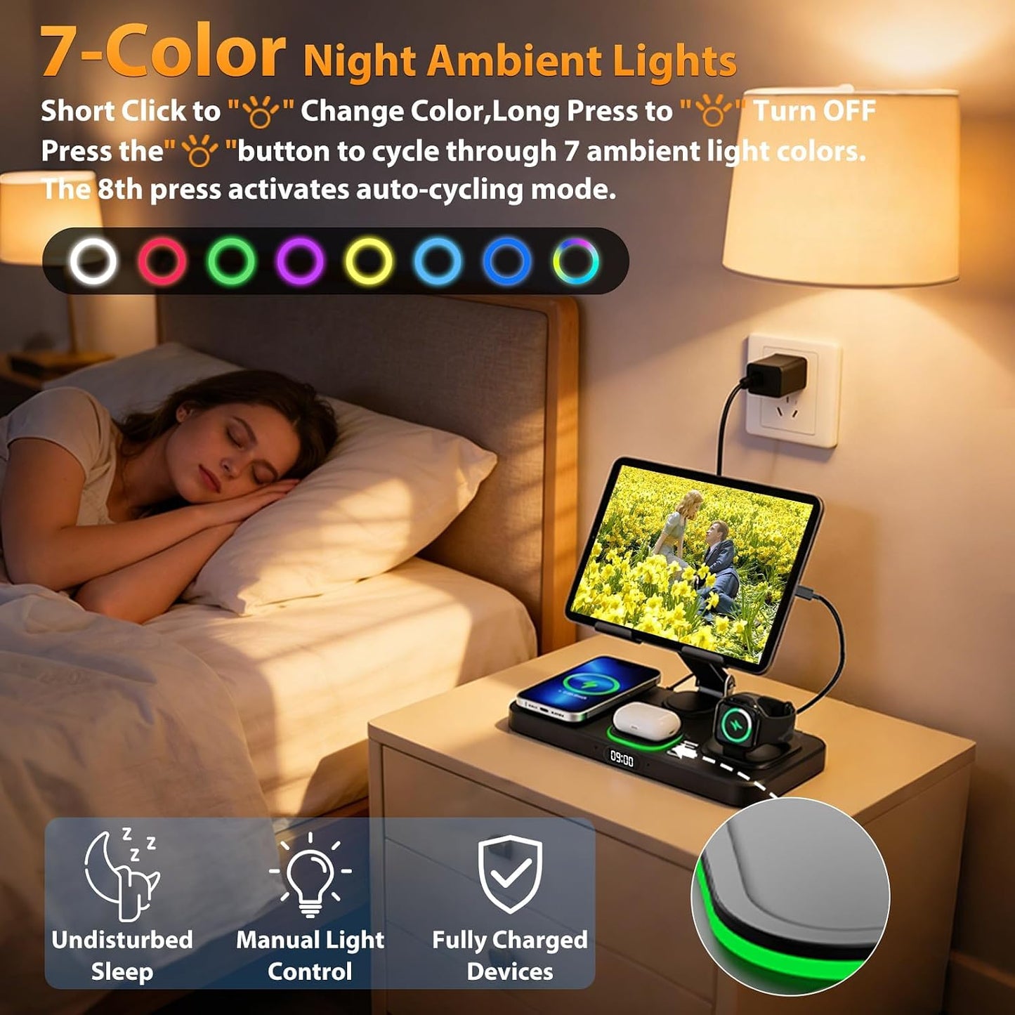 Wireless Charging Station for Apple Devices, Only for Apple Watch Charging | Included Type-C Cable for Tablet Charging, Foldable Wireless Charging Station, 7 Cycling Ambient Lights, Time Clock Display
