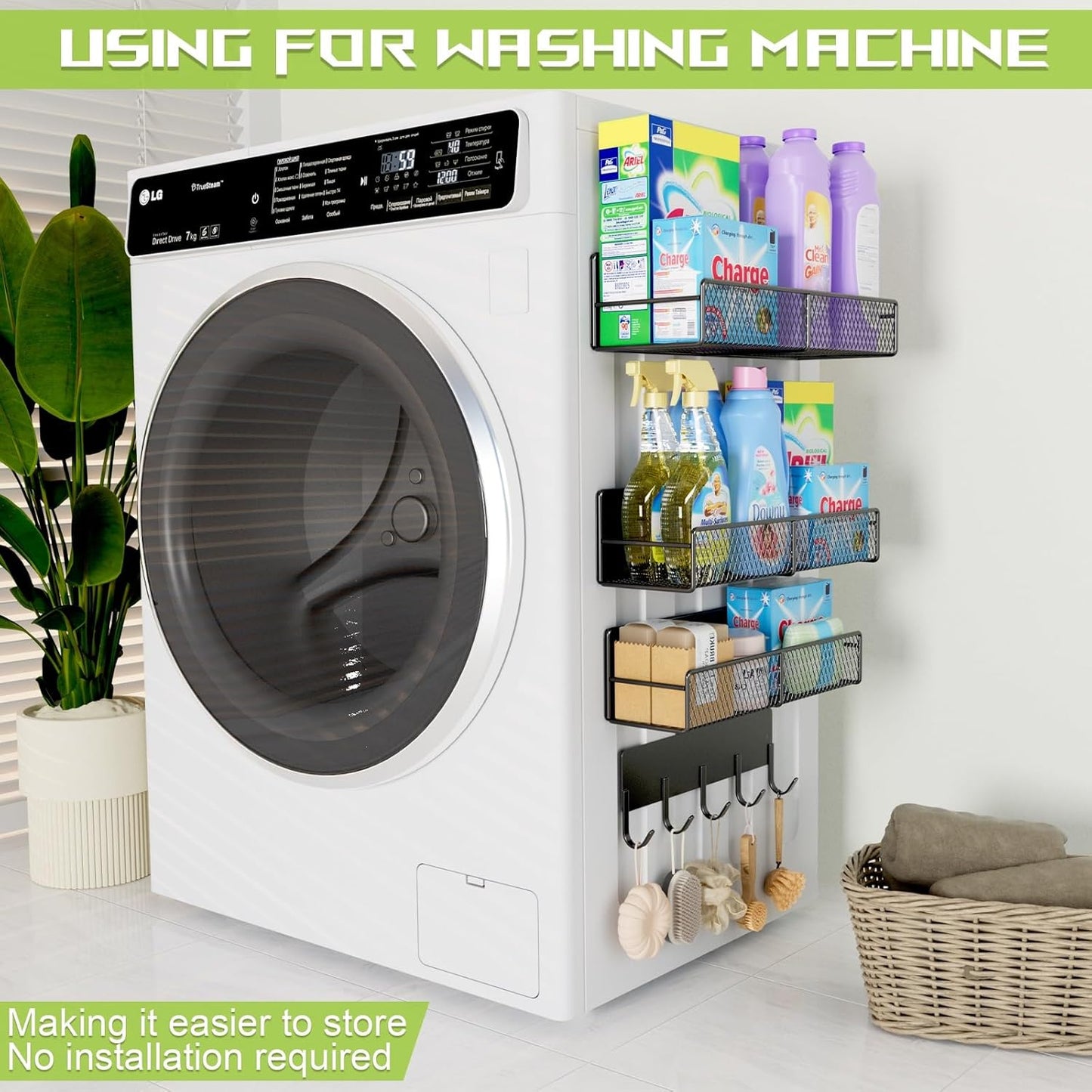4 Pack Magnetic Shelves for Washing Machine, Heavy-Duty Magnetic Laundry Organizer with Hooks, Washing Machine Shelf for Refrigerator, Metal Storage Baskets, Closet & Laundry Room Organization(Black)