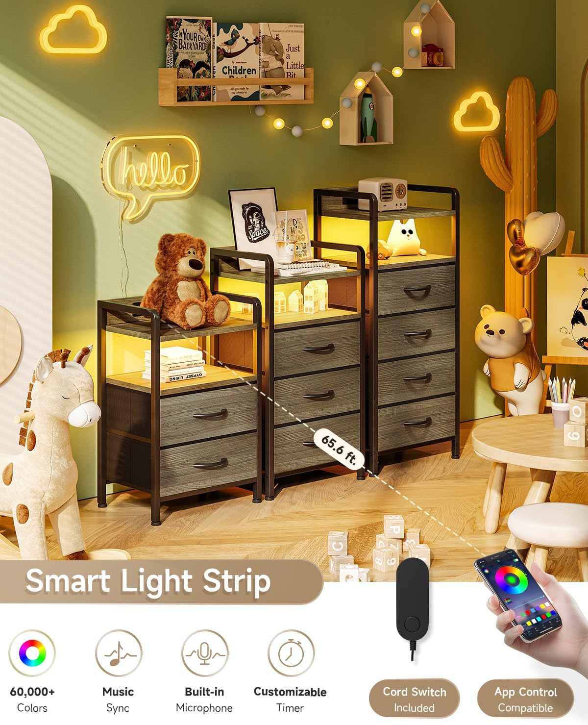 Lazzanto Night Stand Bedside Charger Bedroom - Grey Nightstand with Charging Station & LED Light Strip, Morden End Table with USB Ports & AC Outlets, Night Stand with Storage Shelf & 2 Fabric Drawers