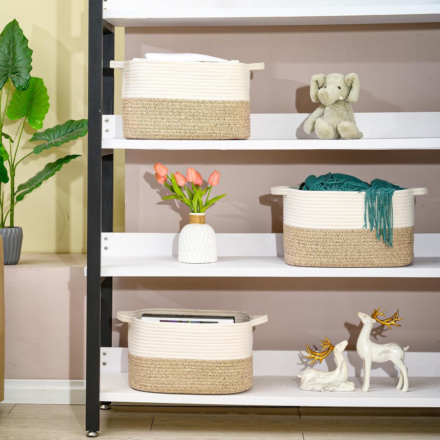 DUHEL Cotton Rope Woven Storage Basket (White&Brown-3PCS) | Used for Baby Hamper Toy Organizer, Gift Baskets Empty,Kids,Baby,nursery. Size 15x10x8.7 Inches.